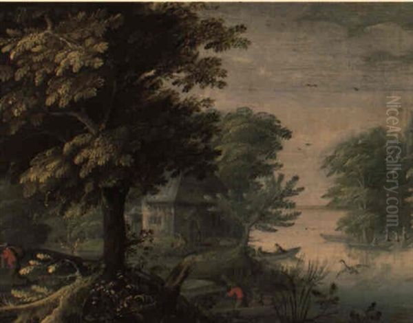 Bewaldete Fluslandschaft Mit Bauern Und Booten Oil Painting by Jasper van der Laanen