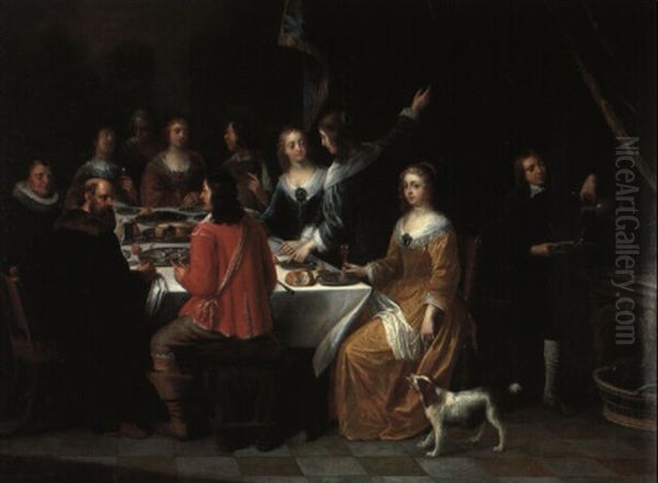 Elegant Figures Dining In An Interior Oil Painting by Jasper van der Laanen