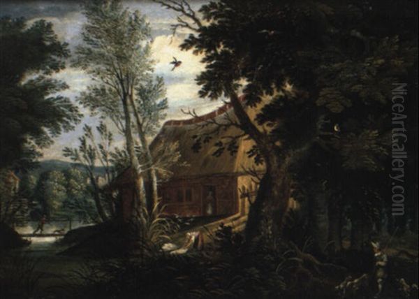 Sous-bois Avec Chasseurs Et Lavandieres Oil Painting by Jasper van der Laanen