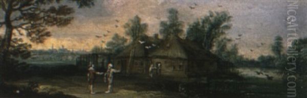 Peasants On A Track Near A Cottage Oil Painting by Jasper van der Laanen