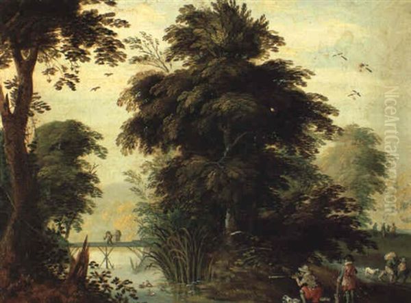 Landscape With Hunters And Travellers In Foreground Oil Painting by Jasper van der Laanen