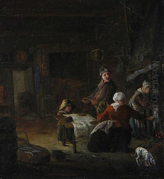 A Peasant Family In A Kitchen Interior Oil Painting by Cornelis Beelt