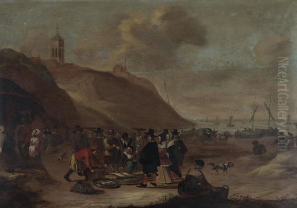 Fish Market At Egmond-aan-zee With Moored Boats Oil Painting by Cornelis Beelt