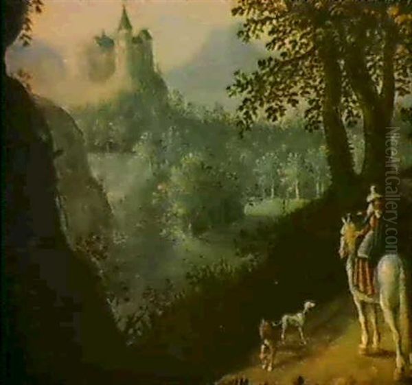 Waldlandschaft Mit Einer Burg Und Einer Reiterin Oil Painting by Jasper van der Laanen