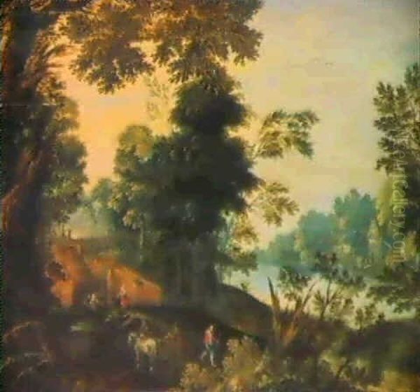 An Extensive River Landscape With Travellers In A Horsedrawncart And Figures Feeding Chickens By A Cottage Oil Painting by Jasper van der Laanen