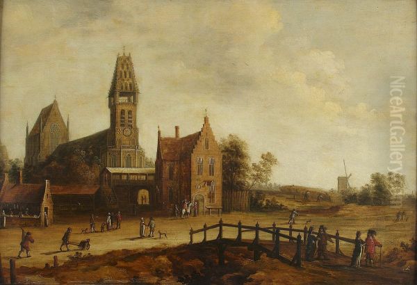 A Flemish Vilage With Figures Promenading Oil Painting by Cornelis Beelt