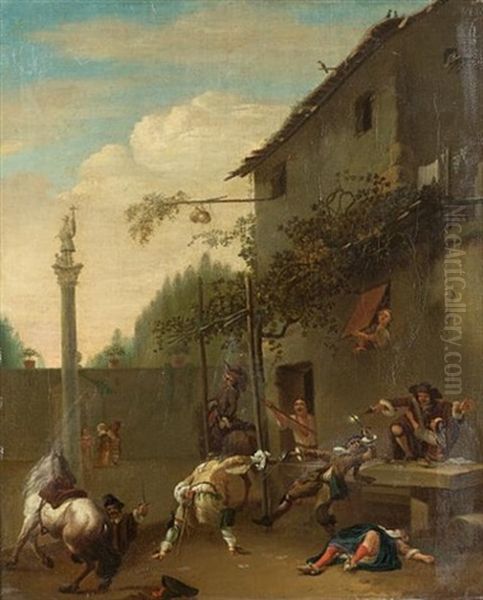 Horsemen And Soldiers Fighting Outside An Inn by Roeland van Laar