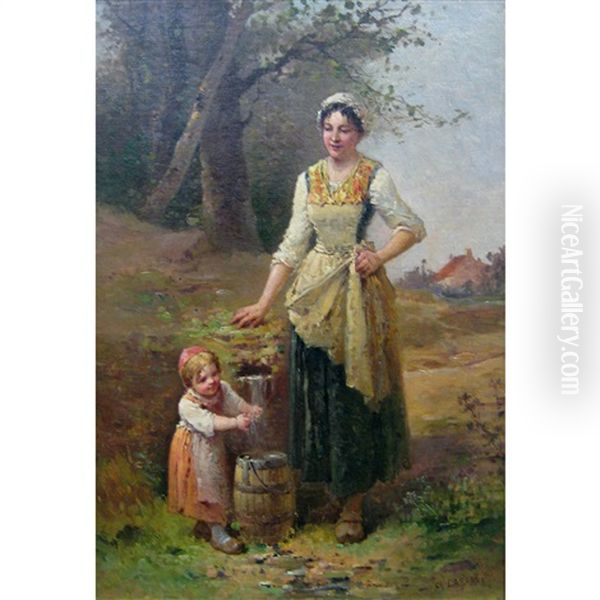 Mother And Child Fetching Water Oil Painting by Charles Labarre