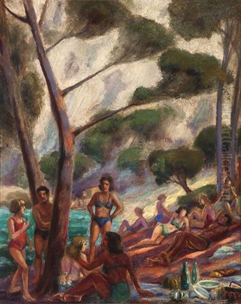 Lakeside Bathers Oil Painting by Lucien A. Labaudt