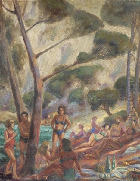 Depicting Beach Goers In Bathing Suits Among Trees With A Body Of Water In The Background Oil Painting by Lucien A. Labaudt