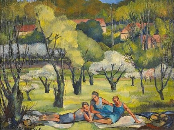 Figures In A Landscape Oil Painting by Lucien A. Labaudt