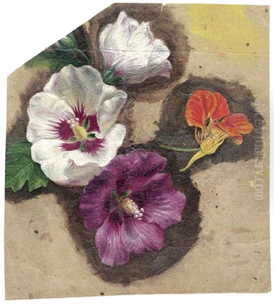 Studienblatt Mit Hibiskus Und Kapuzinerkresse (+ Studie Einer Rose; 2 Works) Oil Painting by Emile-Charles Labbe