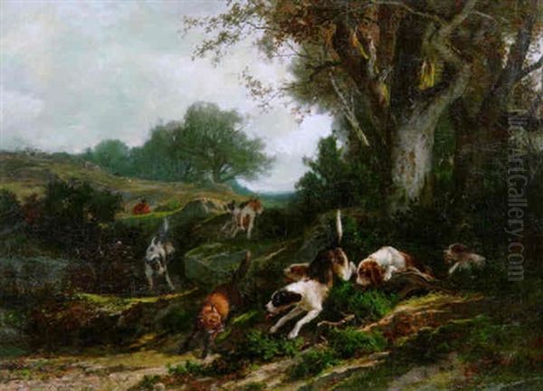 Fuchsjagd - Hundemeute Stellt Einem Fuchs Nach Oil Painting by Emile-Charles Labbe