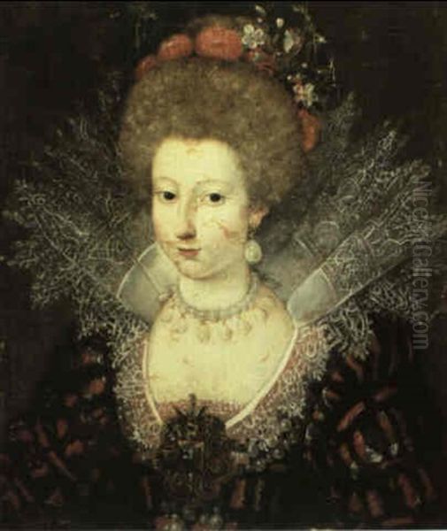 A Portrait Of An Elegant Lady, Bust Length, Wearing An      Ornate Dress With A Lace Ruff And A Bejewelled Brooch, With Oil Painting by Marguerite LaBelune