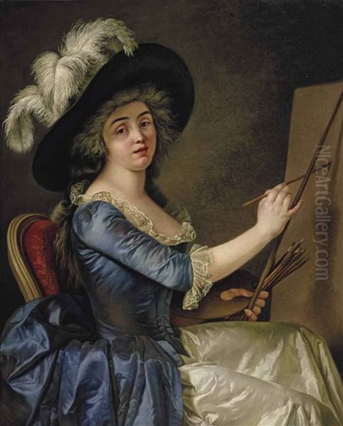 Portrait Of A Female Painter A Her Easel, Quarter-length, In A Blue Dress With A Brown Hat Oil Painting by Adelaide Labille-Guiard