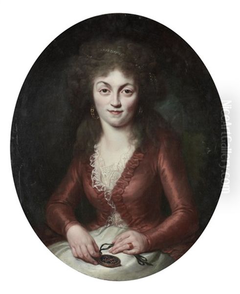 Portrait Of The Princesse De Lamballe, In A White Silk Dress And A Red Coat, Seated, Holding A Locket Oil Painting by Adelaide Labille-Guiard