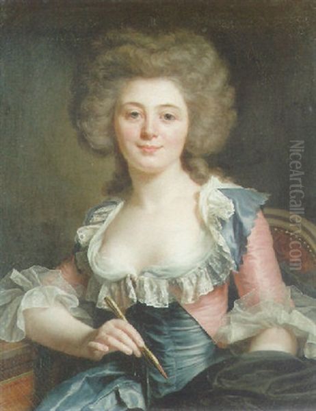 Portrait Of An Artist Holding A Stylus And Wearing A Blue Silk Gown With Coral Sleeves And Trimmings Oil Painting by Adelaide Labille-Guiard