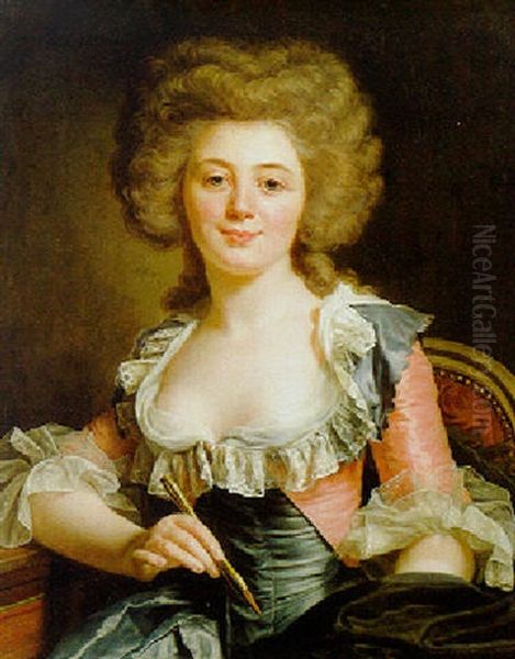 Portrait Of An Artist, Holding A Stylus And Wearing A Blue Silk Gown Oil Painting by Adelaide Labille-Guiard