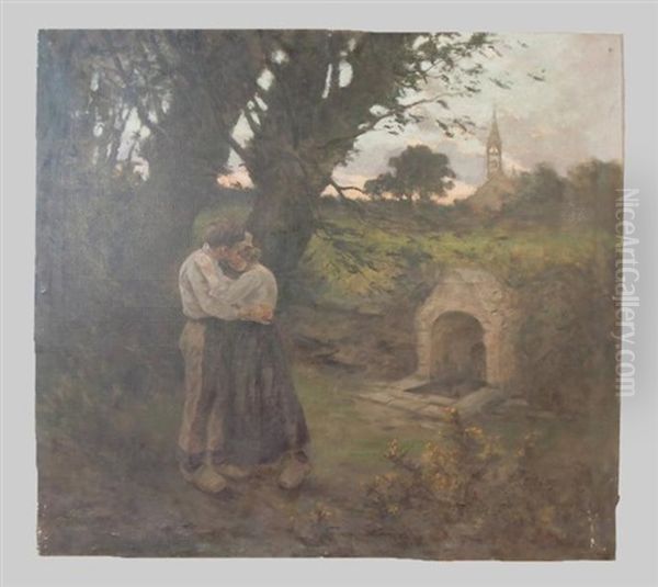 Couple D'amoureux Dans La Campagne (pres De La Chapelle De Kervern A Tregunc?) Oil Painting by Eugene Labitte