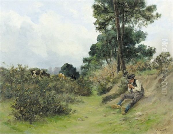 Landschaft Mit Sitzendem Hirten Oil Painting by Eugene Labitte