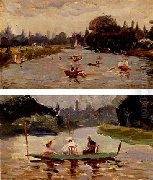 Rowing On A Lake Oil Painting by Emile Laborna