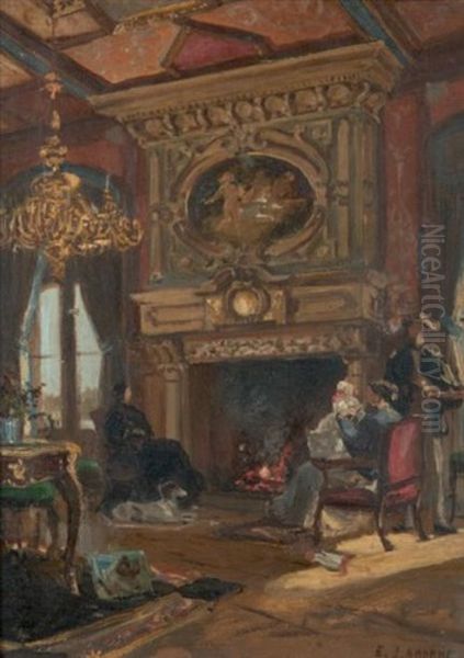 Famille Au Coin Du Feu Dans Un Interieur Oil Painting by Edme-Emile Laborne