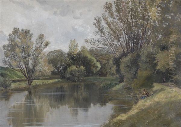 Pecheur Au Bord D'une Riviere Oil Painting by Edme-Emile Laborne