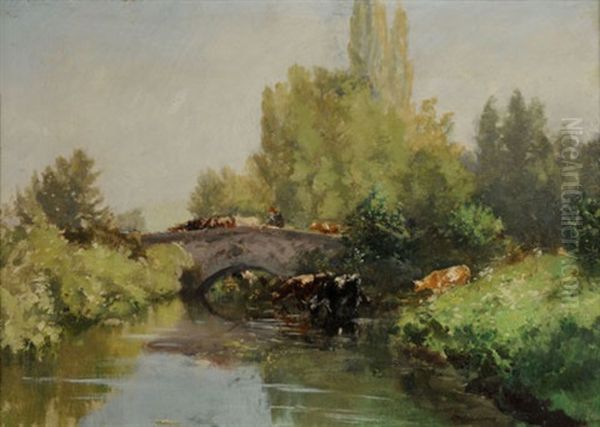 Flusslandschaft Mit Kuhen Bei Einer Brucke Oil Painting by Edme-Emile Laborne