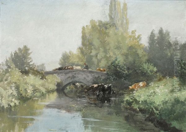 Flusspartie Mit Kuhen Bei Einer Brucke Oil Painting by Edme-Emile Laborne