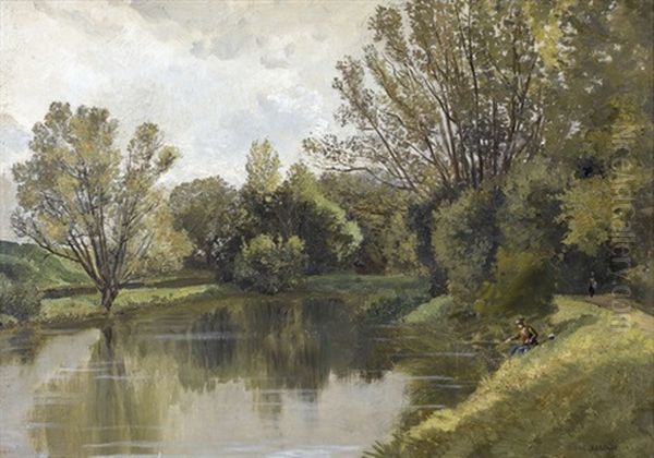 Angler Am Fluss Oil Painting by Edme-Emile Laborne