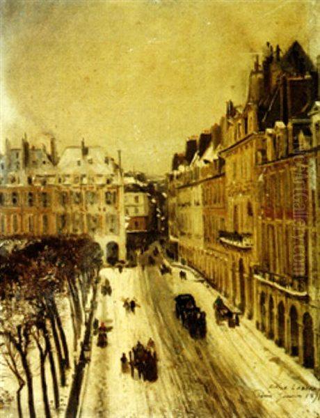 La Place Des Vosges Sous La Neige, Paris Oil Painting by Edme-Emile Laborne