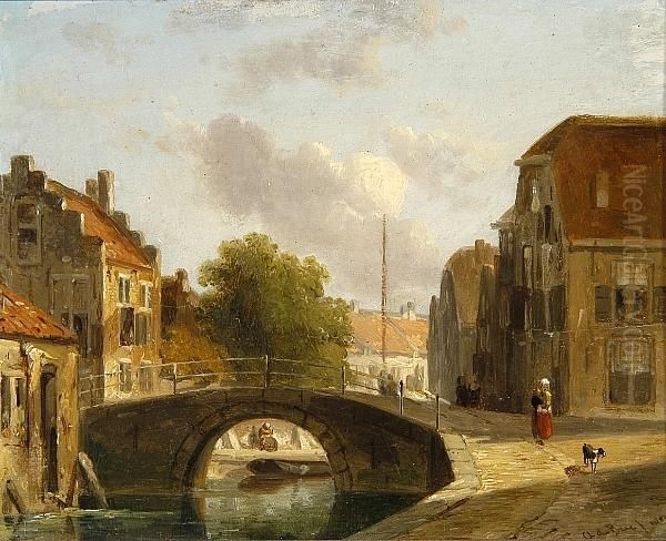 A Woman And Her Dog On A Riverside Street Oil Painting by Adalbert Beer