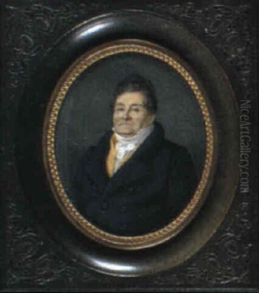 A Gentleman With Dark Hair, Wearing A Blue Coat, Yellow     Waistcoat And A White Cravat Oil Painting by Alphonse De Labroue