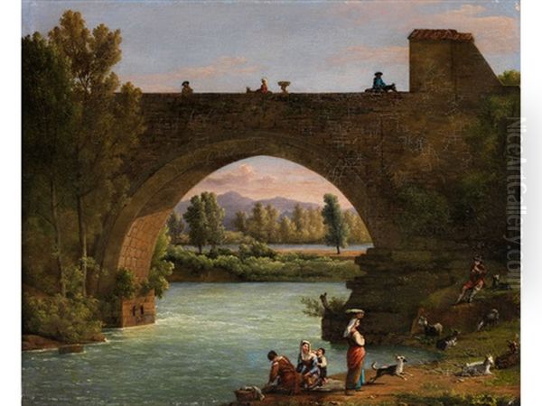 Grosse Steinbrucke In Italienischer Flusslandschaft Mit Staffagefiguren Oil Painting by Carlo Labruzzi