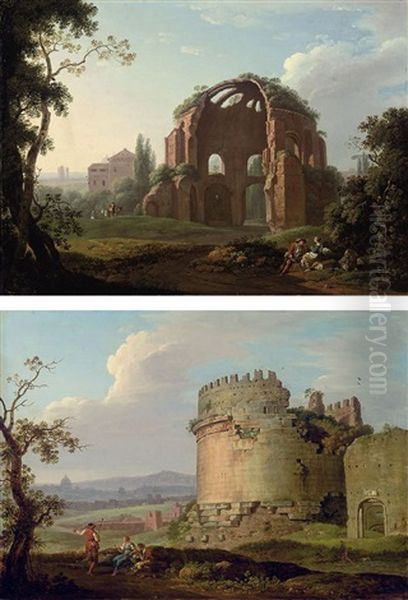 The Temple Of Minerva, Rome (+ The Tomb Of Cecilia Metella On The Via Appia; Pair) Oil Painting by Carlo Labruzzi