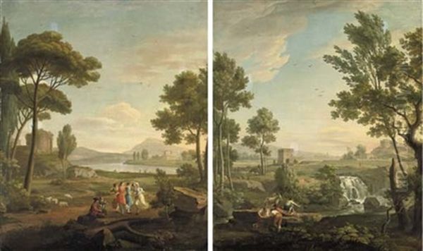 An Italianate River Landscape With A Ruin, With Musicians And Dancers In The Foreground (+ An Italianate Landscape, With Young Boys Fishing Near A Cascade, A Castle Beyond; Pair) Oil Painting by Carlo Labruzzi