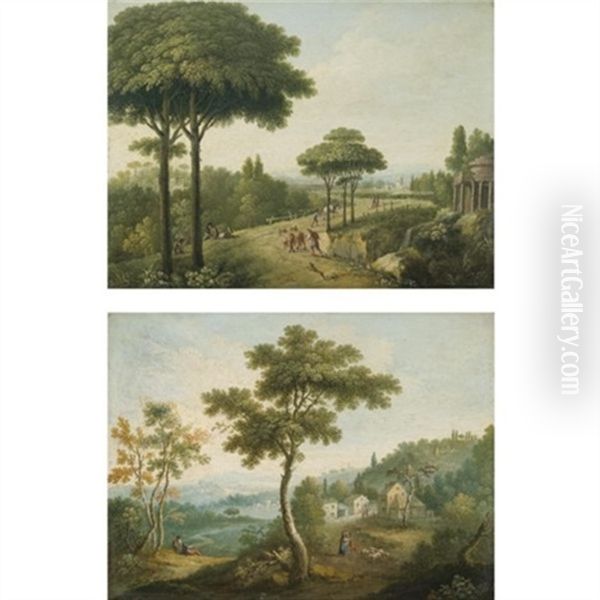 Italianate Landscapes With Travellers On Roads (pair) Oil Painting by Carlo Labruzzi