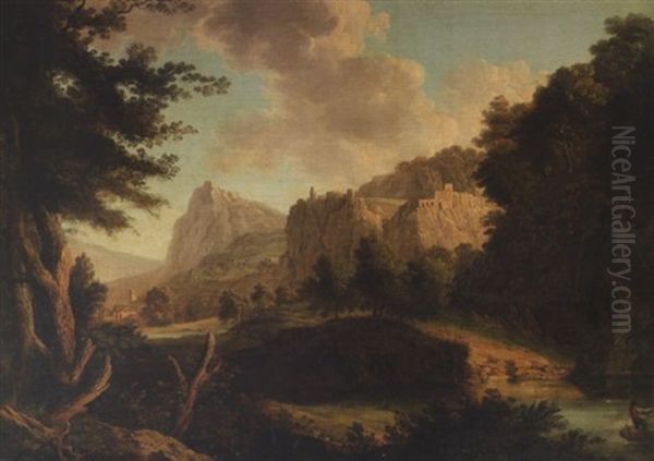 A Rocky River Landscape With A Figure In A Boat, A Hilltop Ruin And A View To A Village Beyond Oil Painting by Carlo Labruzzi