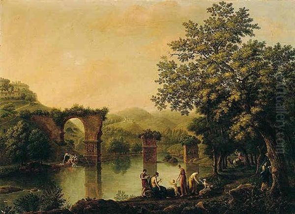 An Italianate Landscape With Classical Figures On A Riverbank, The Augustan Bridge At Narni Beyond Oil Painting by Carlo Labruzzi