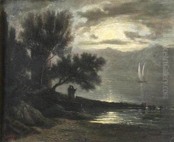 Bord Du Lac Leman, Pres De La Tour Haldimand, Sous La Pleine Lunenewton, Artist's Colourmen To Her Majesty And To His Royal Highness Prince Albert, London Oil Painting by Pierre Lacaze