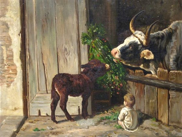 Barn Interiors With Cattle, Bull, Donkey And Child (a Pair) Oil Painting by Valerio Laccetti