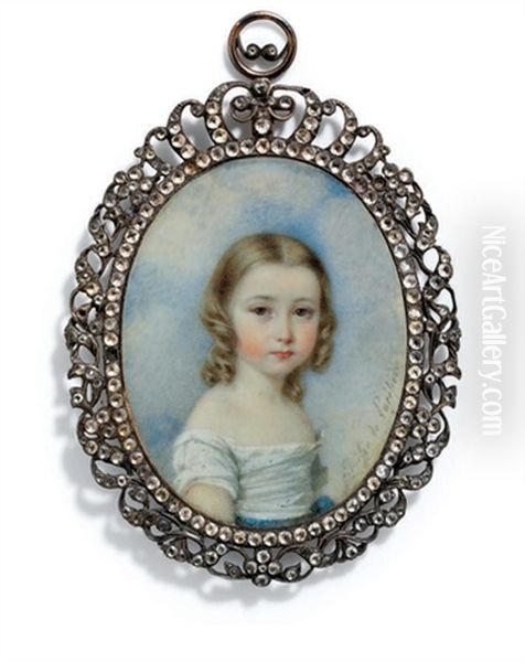 A Young Girl In White Dress With Blue Sash Around Waist Oil Painting by Amelie de (Comtesse Kautz) Lacepede