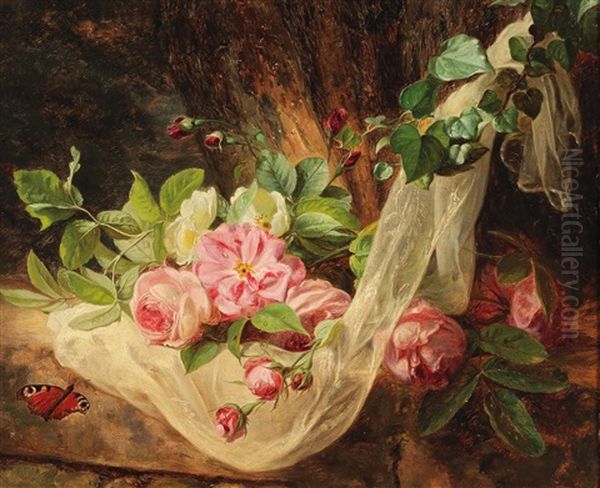 Still Life With Roses On A Forest Floor Oil Painting by Andreas Lach