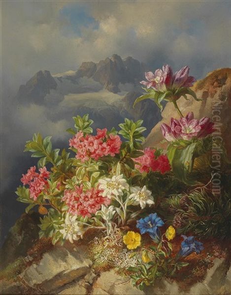 Still Life With Alpine Flowers Oil Painting by Andreas Lach