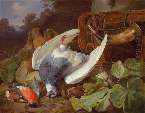 Hunting Still Life Set Against A Landscape Oil Painting by Andreas Lach