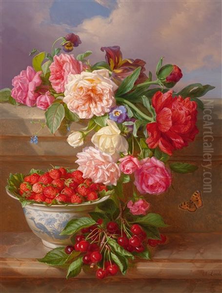 Stillleben Mit Rosen, Pfingstrosen, Erdbeeren Und Kirschen Oil Painting by Andreas Lach