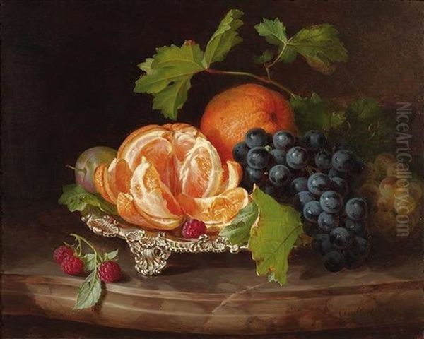 Stilleben Mit Trauben, Himbeeren Und Orangen In Einer Flachen Aufsatzschale Oil Painting by Andreas Lach