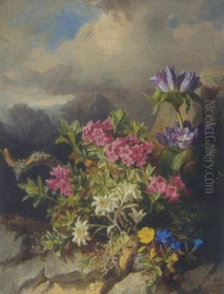 Alpenblumen Vor Landschaftshintergrund Oil Painting by Andreas Lach