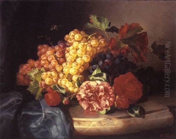 Still Life Grapes And Roses On A Ledge by Andreas Lach