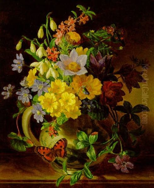 Blumenstraus Mit Primeln, Schneeglockchen, Seidbast Und Kuchenschelle In Einem Tonkrug Oil Painting by Andreas Lach